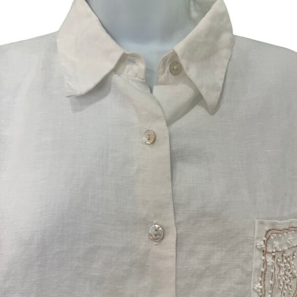 Vintage White Irish Linen Beaded Long Sleeve Button Up Blouse XL Richard Malcolm - Picture 4 of 9